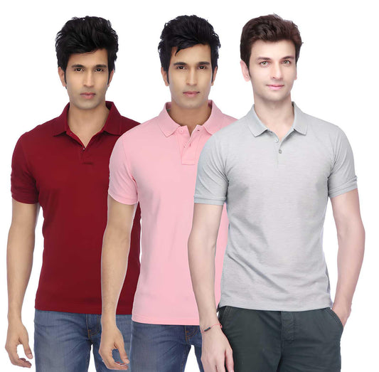 Poly Cotton Solid Half Sleeves Mens Polo T-shirt (Multicolor, M) (Pack of 3) 8969