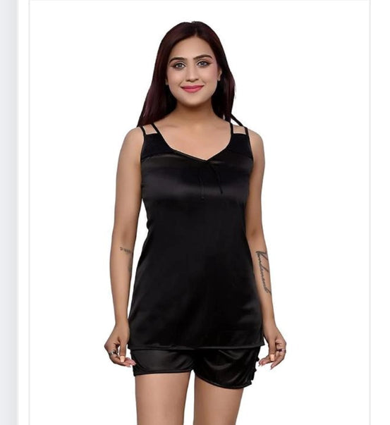 Satin Nightdress Set for Women (Black, M) 16822