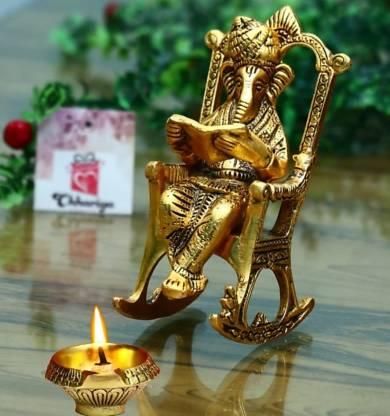 Golden Lord Ganesha Statue Sitting On A Rocking Chair And Reading Ramayan Showpiece k72d12-5v