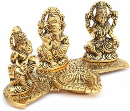 Design Gold Plated Lakshmi Ganesh Saraswati Idol with Deepak Showpiece k72d12-5v
