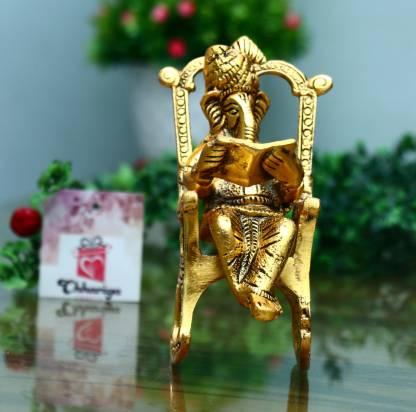 Golden Lord Ganesha Statue Sitting On A Rocking Chair And Reading Ramayan Showpiece k72d12-5v