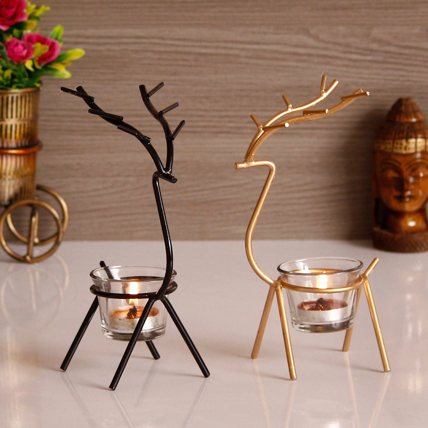 eCraftIndia Set of 2 Deer Shape Decorative Handcrafted Metal Tea Light Holder k72d12-5v
