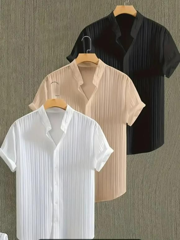 Men's Solid Retro Short Sleeves Button-Up Shirt Pack of 3 k72d12-5v