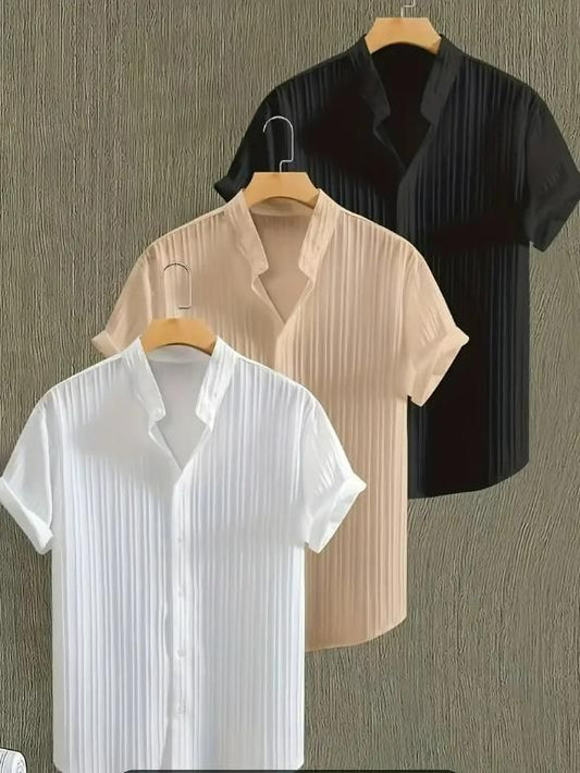 Men's Solid Retro Short Sleeves Button-Up Shirt Pack of 3 k72d12-5v