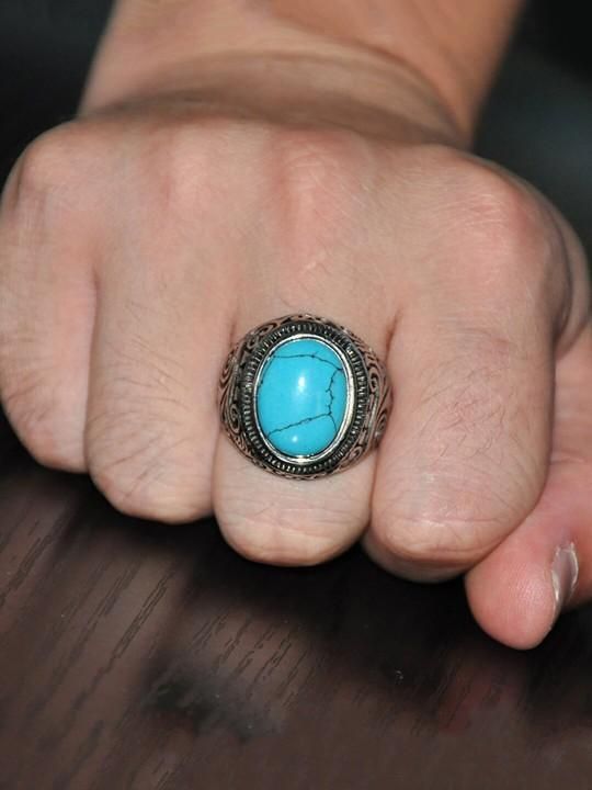 Men Silver-Plated Blue Stone Studded Oxidized Ring k72d12-5v