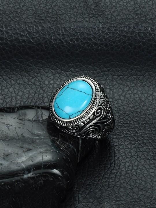 Men Silver-Plated Blue Stone Studded Oxidized Ring k72d12-5v
