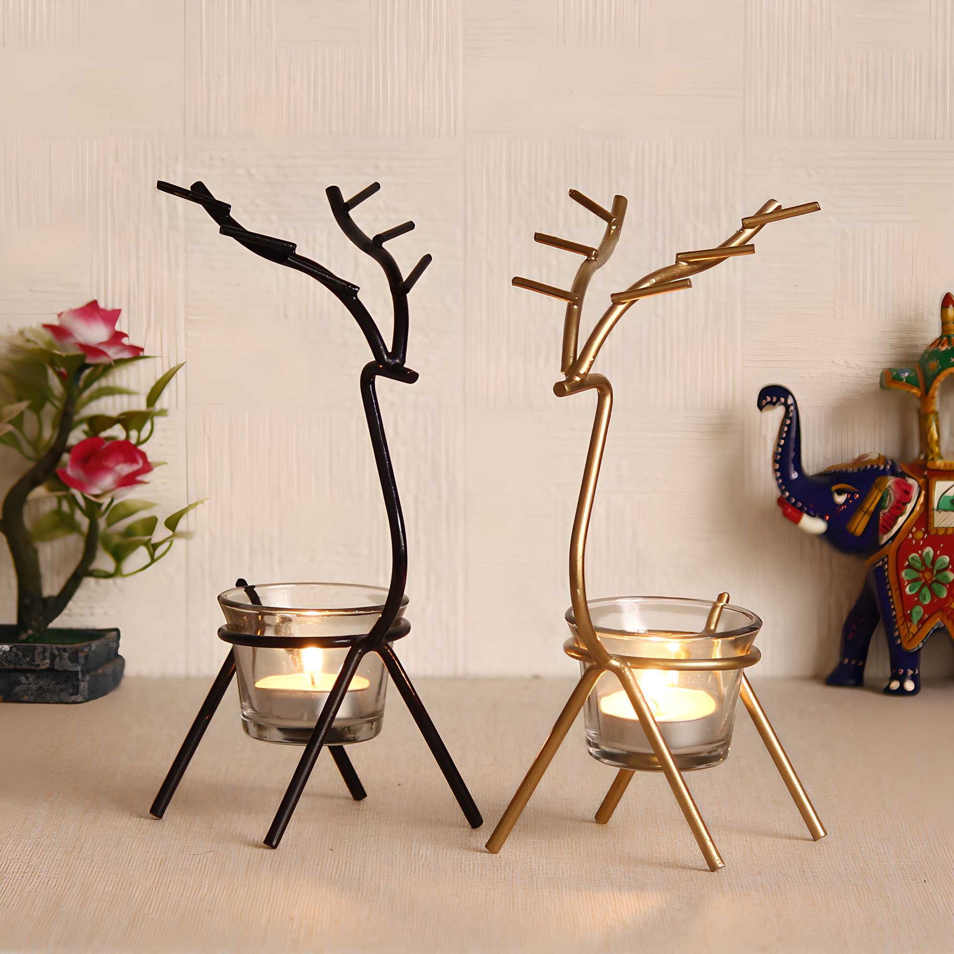 eCraftIndia Set of 2 Deer Shape Decorative Handcrafted Metal Tea Light Holder k72d12-5v