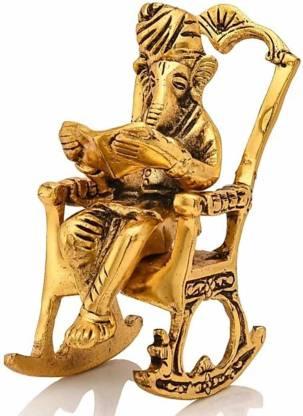 Golden Lord Ganesha Statue Sitting On A Rocking Chair And Reading Ramayan Showpiece k72d12-5v