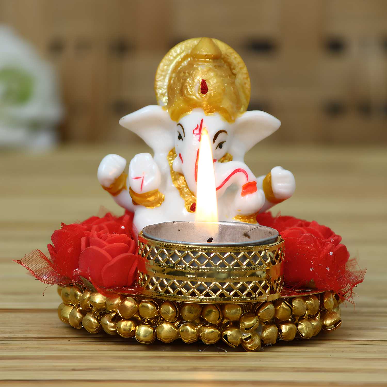 eCraftIndia Lord Ganesha Idol on Decorative Plate with Tea Light Holder k72d12-5v