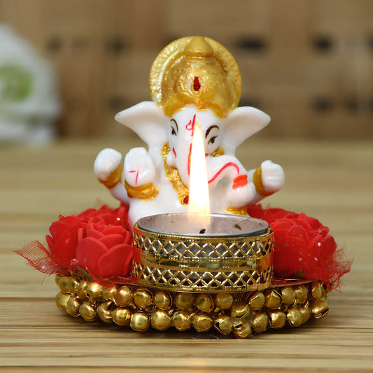 eCraftIndia Lord Ganesha Idol on Decorative Plate with Tea Light Holder k72d12-5v
