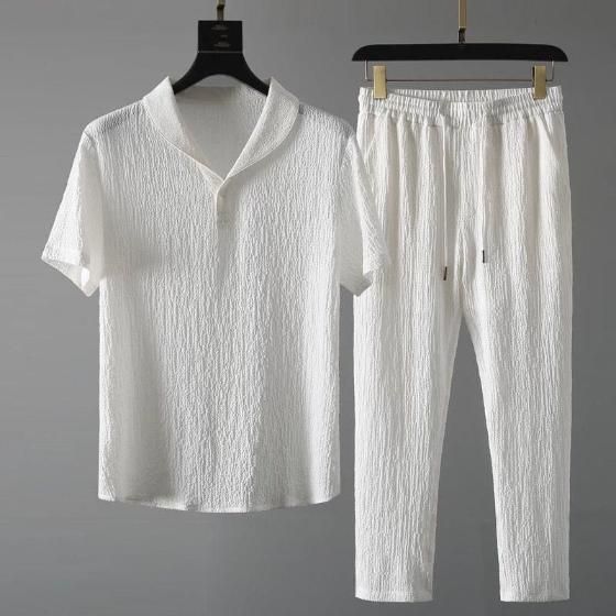 Men's Crinkled Co-Ord Set White k72d12-5v
