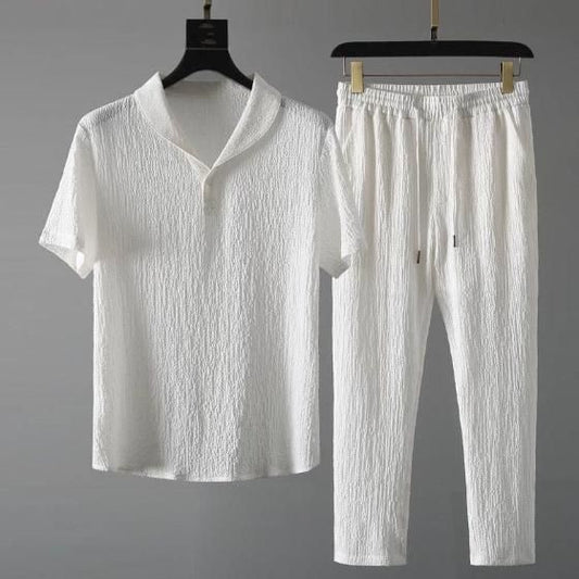 Men's Crinkled Co-Ord Set White k72d12-5v