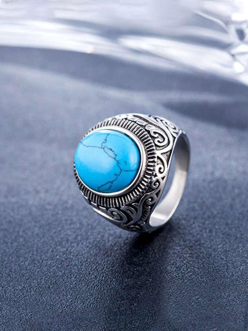 Men Silver-Plated Blue Stone Studded Oxidized Ring k72d12-5v