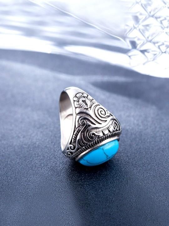 Men Silver-Plated Blue Stone Studded Oxidized Ring k72d12-5v