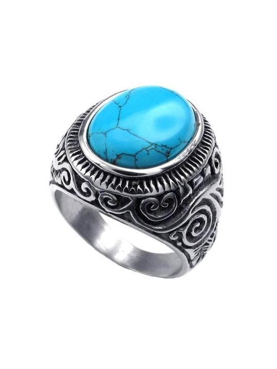 Men Silver-Plated Blue Stone Studded Oxidized Ring k72d12-5v