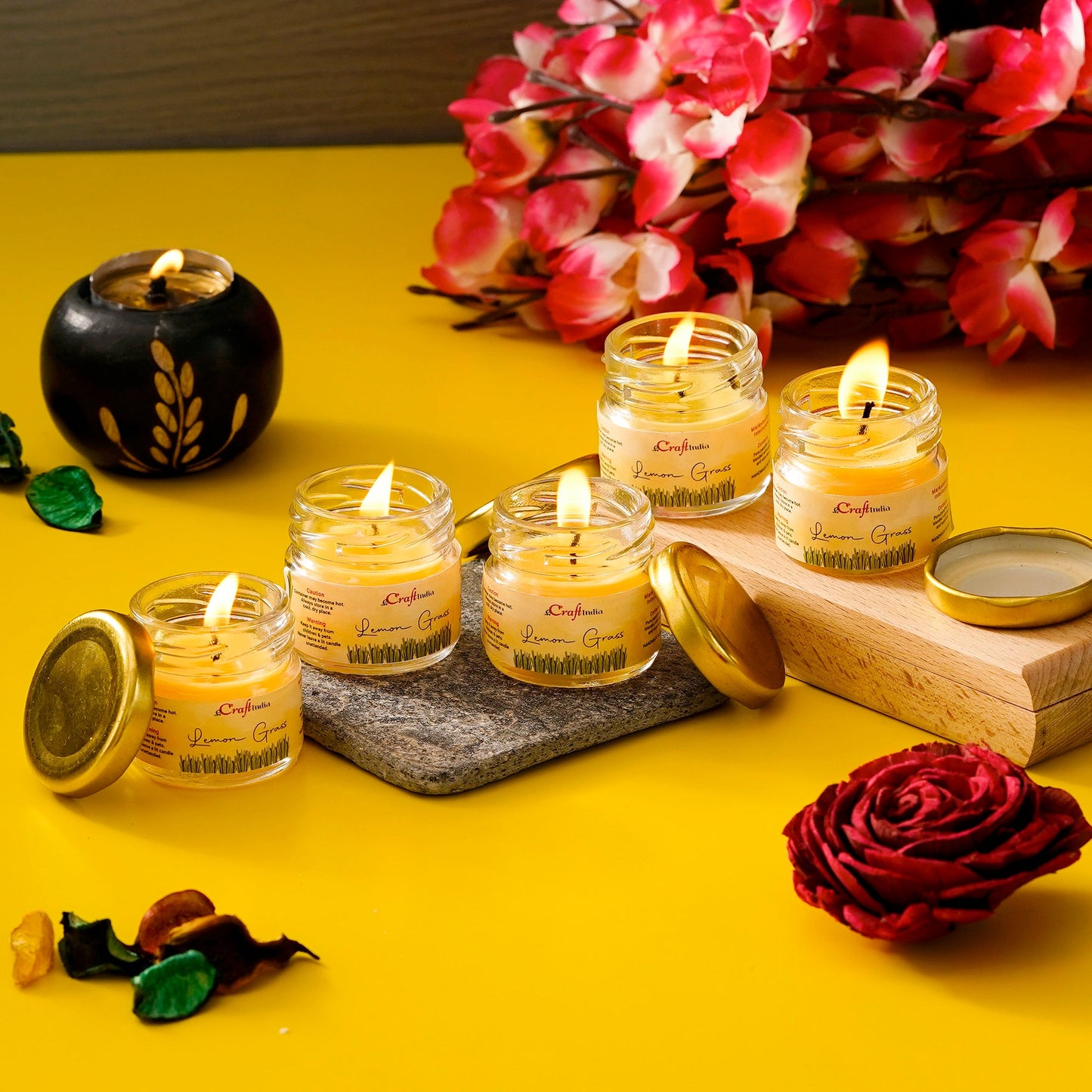eCraftIndia Set of 5 Lemon Grass Scented Minijar Candle k72d12-5v