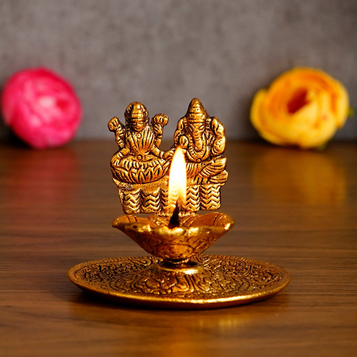 eCraftIndia Goddess Laxmi & Lord Ganesha Golden Metal Diya k72d12-5v