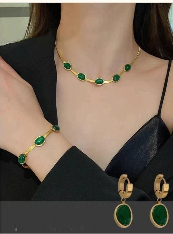 Oval Green Crystal Pendant Necklace Set With Bracelet k72d12-5v