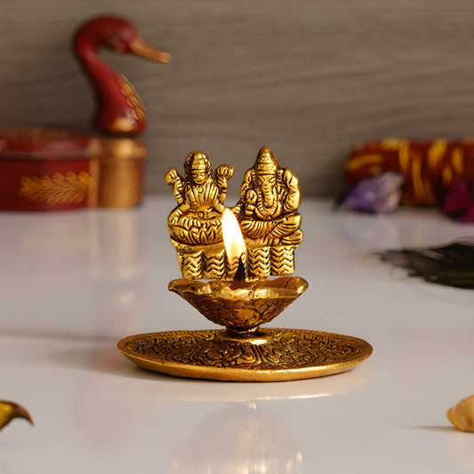eCraftIndia Goddess Laxmi & Lord Ganesha Golden Metal Diya k72d12-5v