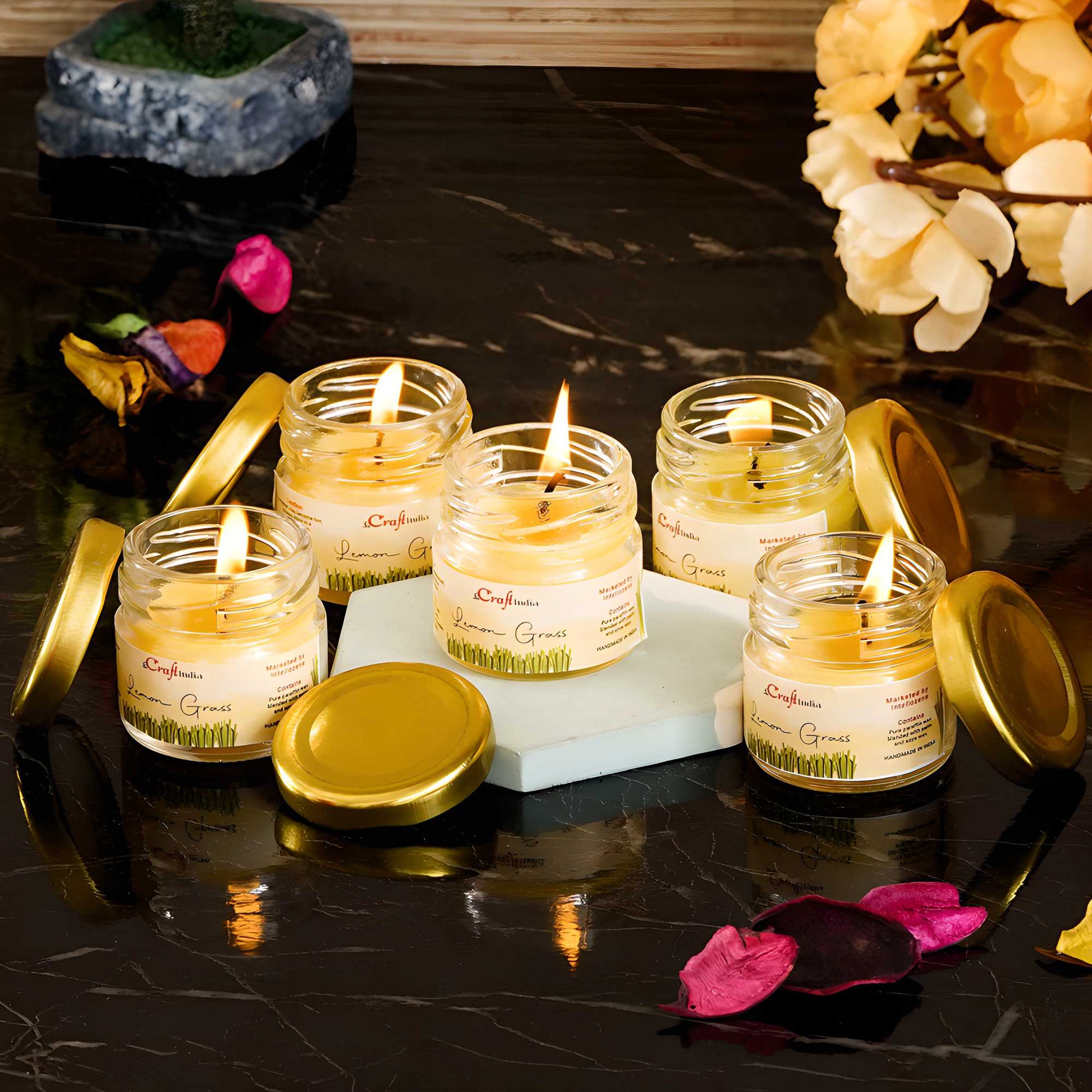 eCraftIndia Set of 5 Lemon Grass Scented Minijar Candle k72d12-5v