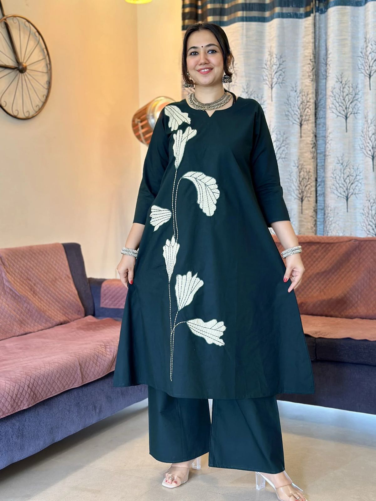 Black Straight kurta with embroidery Work Dream Cather