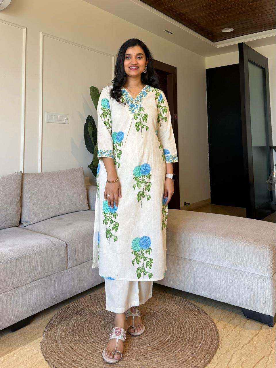 Monochrome Cotton Slub Printed Co-ord Set with Embroidery Dream Cather