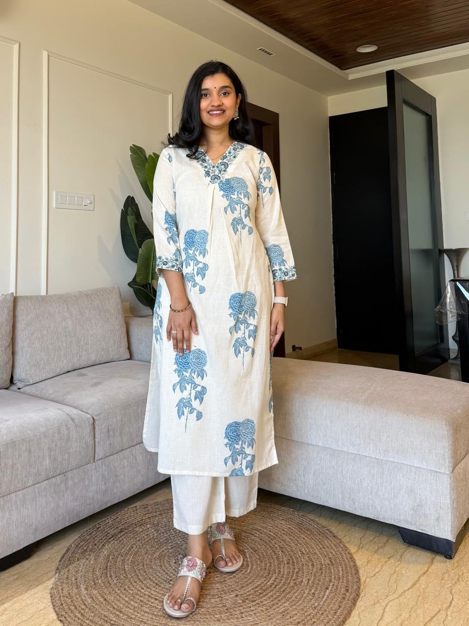 Monochrome Cotton Slub Printed Co-ord Set with Embroidery Dream Cather