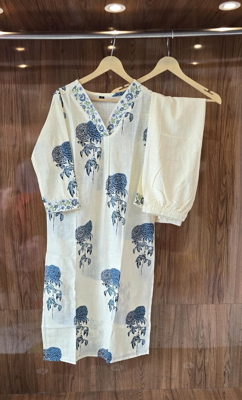 Monochrome Cotton Slub Printed Co-ord Set with Embroidery Dream Cather