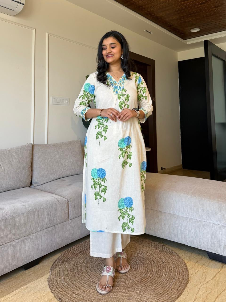 Monochrome Cotton Slub Printed Co-ord Set with Embroidery Dream Cather