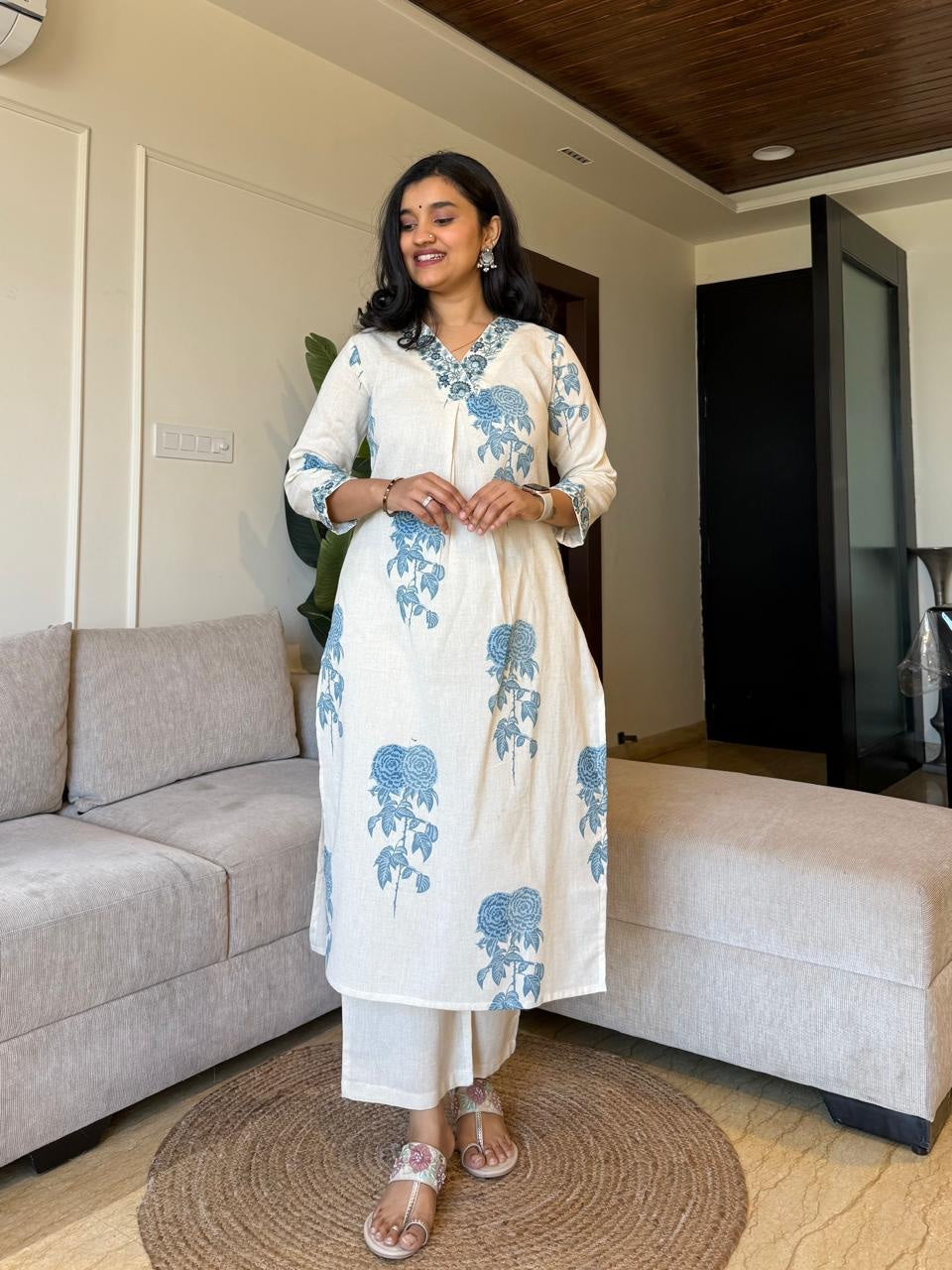 Monochrome Cotton Slub Printed Co-ord Set with Embroidery Dream Cather