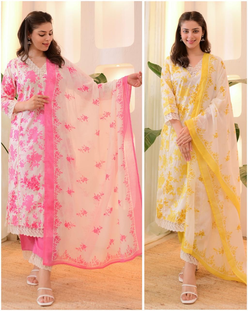 Beautiful Cotton Kurti Pant Dupatta Set Dream Cather