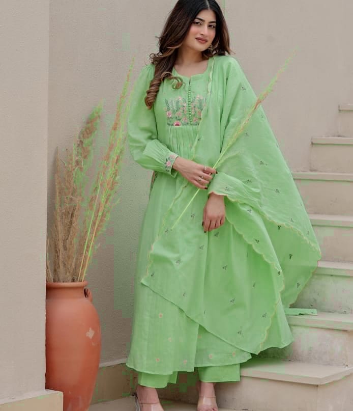 Elegant Cotton Kurti Pant Dupatta Set with Embroidery Dream Cather