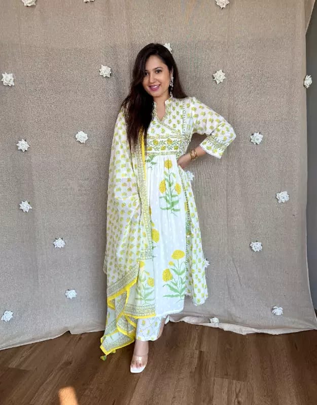 Floral Printed Cotton Angrakha Suit Set with Hand & Sequence Work Dream Cather