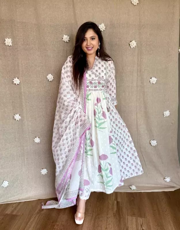 Floral Printed Cotton Angrakha Suit Set with Hand & Sequence Work Dream Cather
