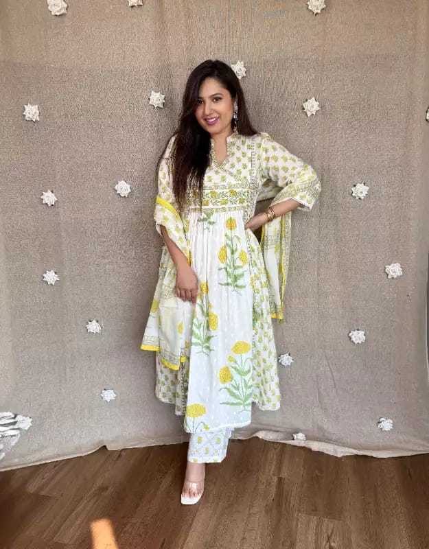 Floral Printed Cotton Angrakha Suit Set with Hand & Sequence Work Dream Cather