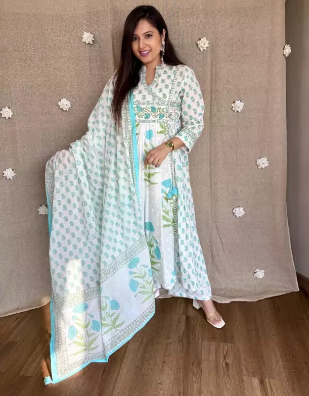 Floral Printed Cotton Angrakha Suit Set with Hand & Sequence Work Dream Cather