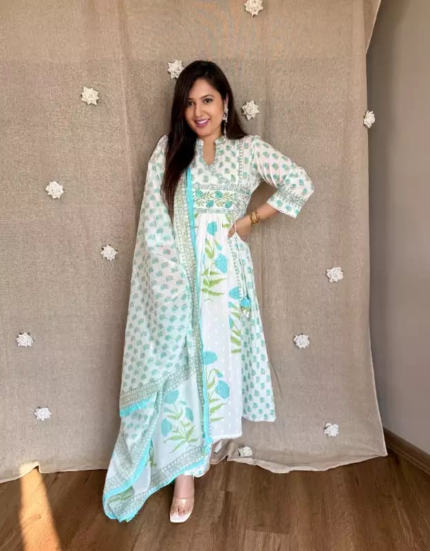 Floral Printed Cotton Angrakha Suit Set with Hand & Sequence Work Dream Cather