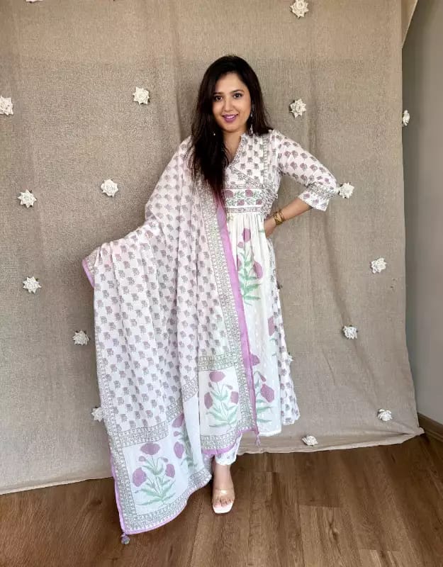 Floral Printed Cotton Angrakha Suit Set with Hand & Sequence Work Dream Cather