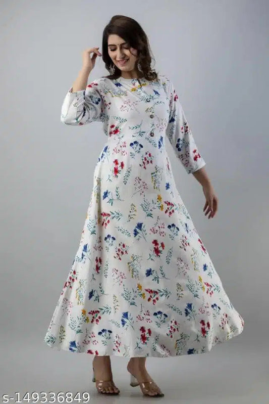 Anarkali Rayon Printed Kurti for Women (White & Blue, M) 13975