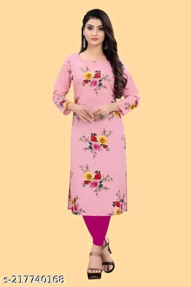 Crepe Printed Kurti for Women (Pink, S) 1457