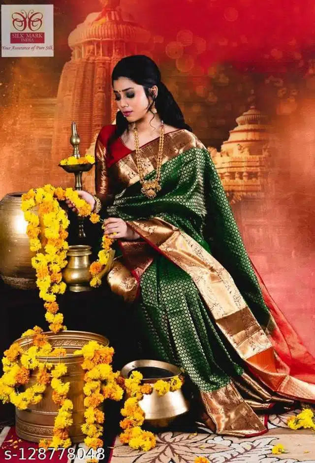 Jacquard Saree With Blouse For Women (Green, 6.3M) 6706