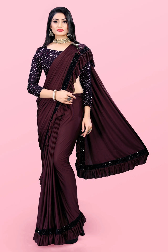 Lycra Blend Solid Saree for Women (Maroon, 6.3 m) 6706