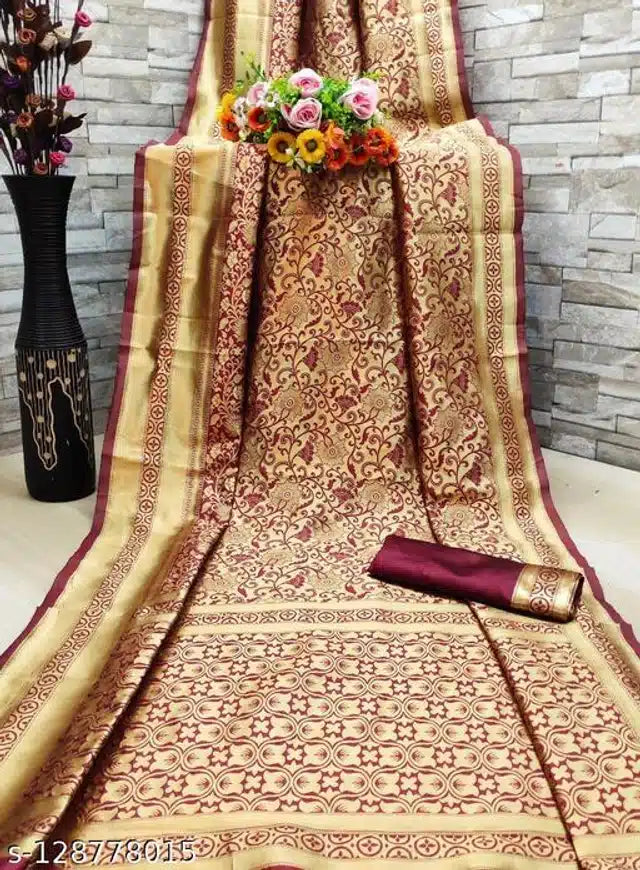 Jacquard Saree With Blouse For Women (Golden& Dark Red, 6.3M) 6706
