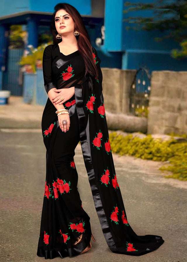 Georgette Embroidered Saree for Women (Olive, 6.3 m) 6706