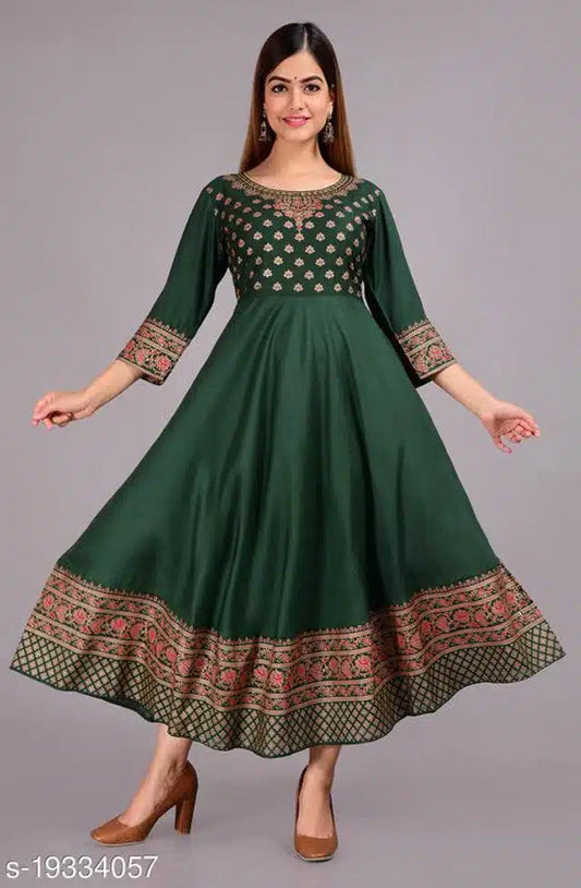 Rayon Printed Anarkali Kurti for Women (Green, S) 14048