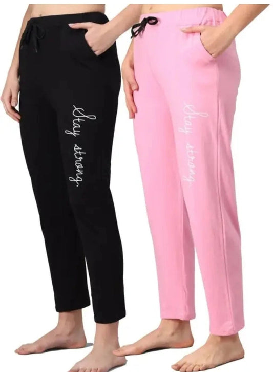 Cotton Blend Straight Fit Trouser for Women (Black & Pink, M) (Pack of 2) 18594