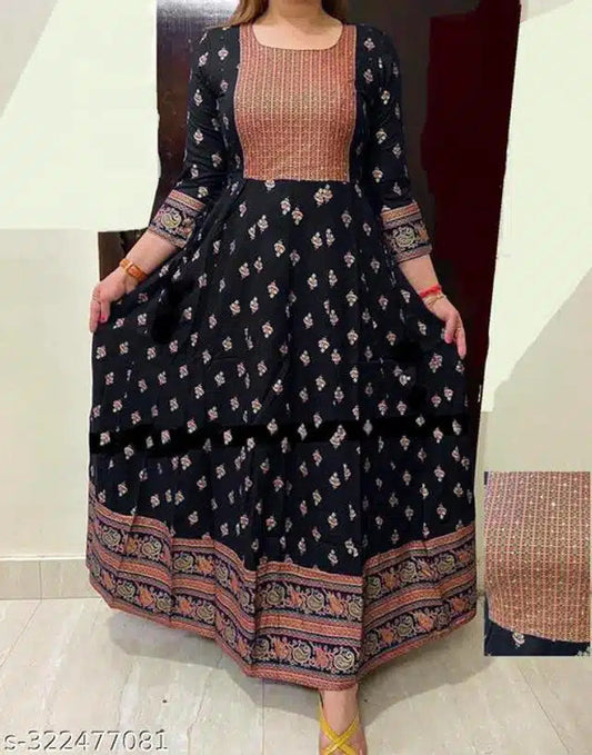 Anarkali Rayon Printed Kurti for Women (Black & Peach, S) 13975