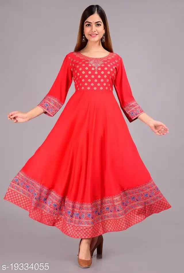 Rayon Printed Anarkali Kurti for Women (Red, S) 14048