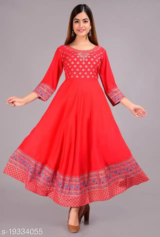 Rayon Printed Anarkali Kurti for Women (Red, S) 14048