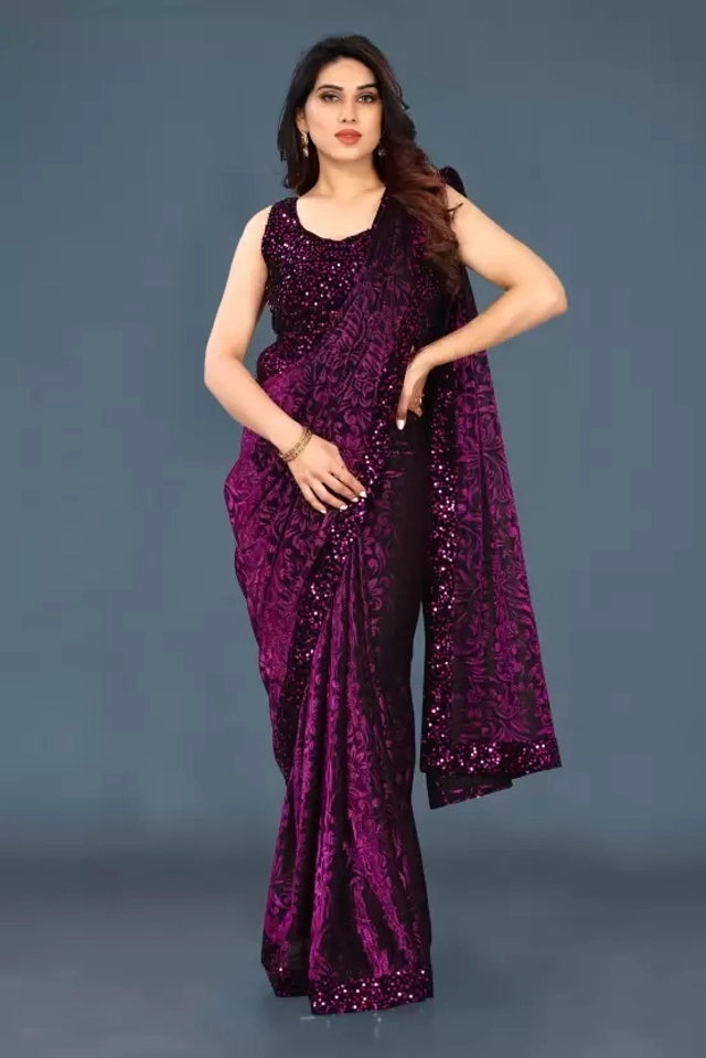 Lycra Blend Solid Saree for Women (Purple, 6.3 m) 6706